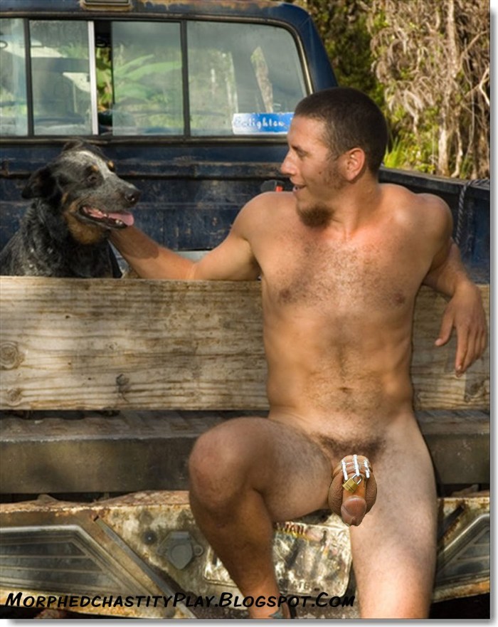 Naked men in the forest in nature