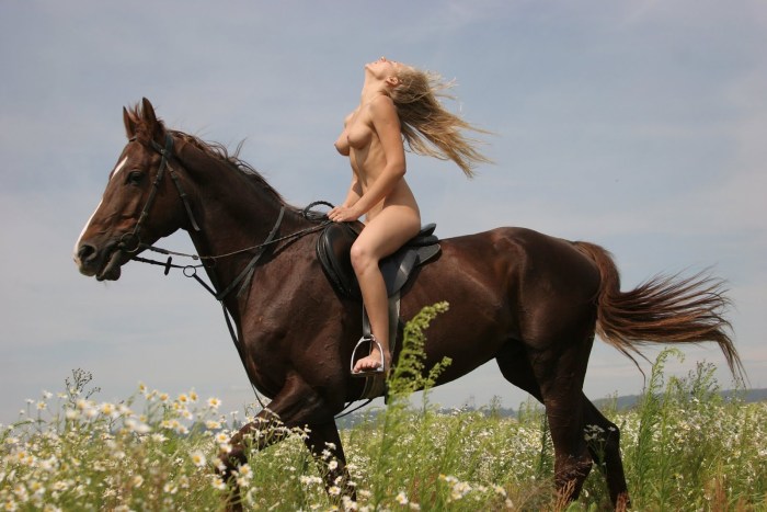 Naked blonde on a horse