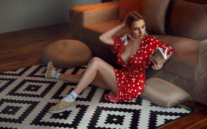 Girl in a red dress with white dots