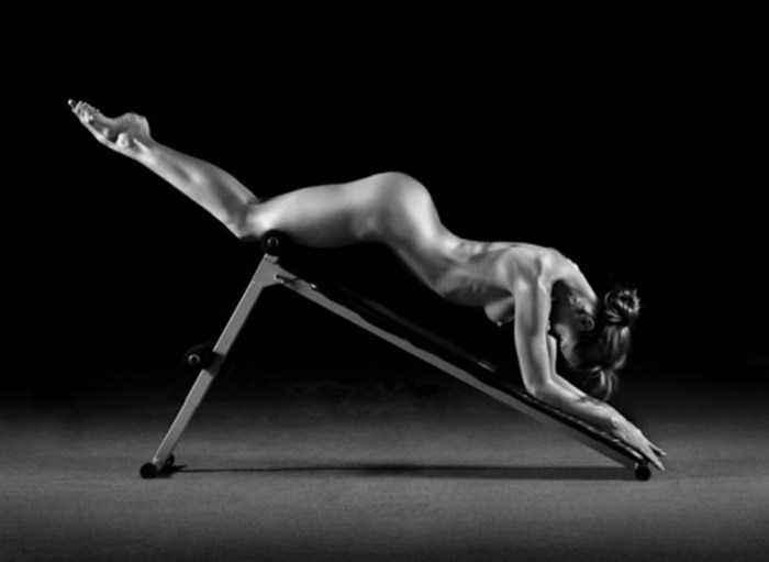 Naked women are engaged in gymnastics