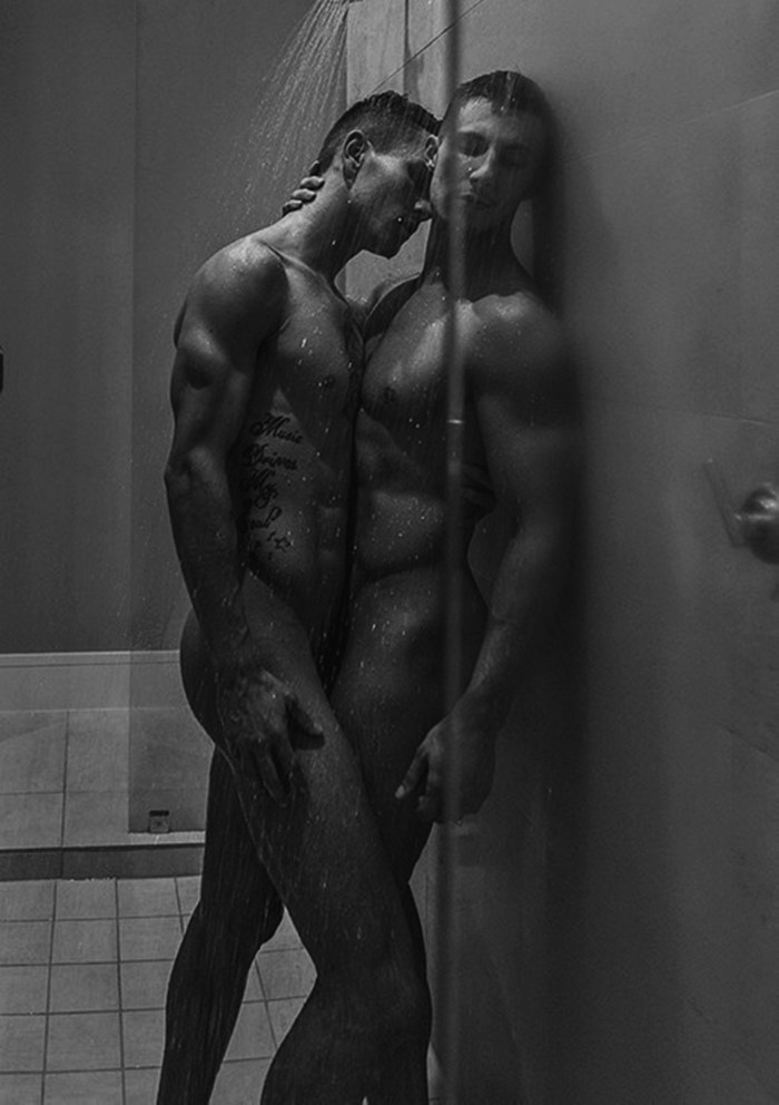 Naked guys wash in the shower