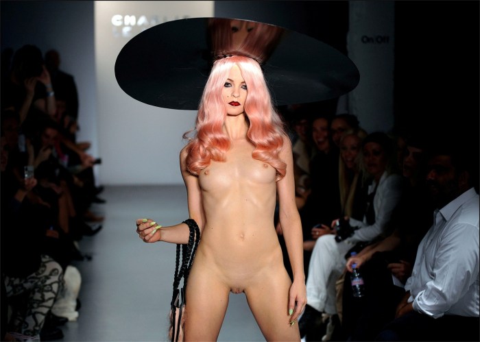 Erotic naked beauties on the catwalk