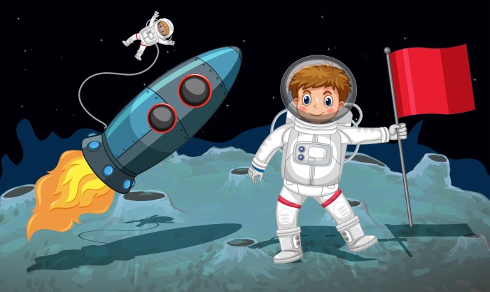 Cosmonaut on the moon with a rocket