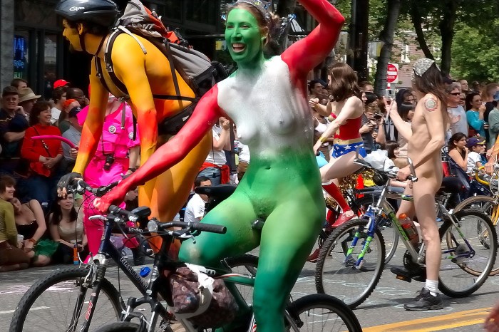Naked on a bicycle in public