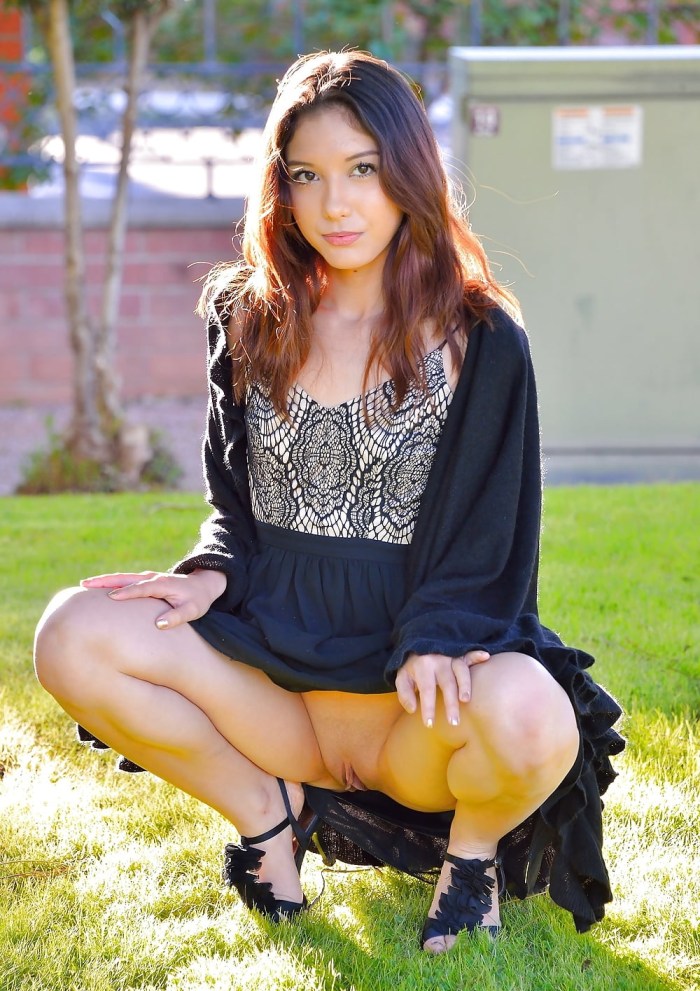 Girls with raised skirts without panties