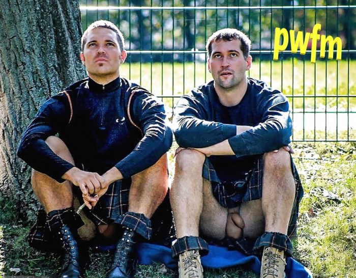 Naked guys in Scottish skirts
