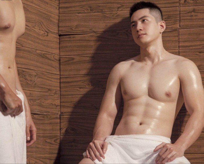 Naked young guys masturbate in the bath