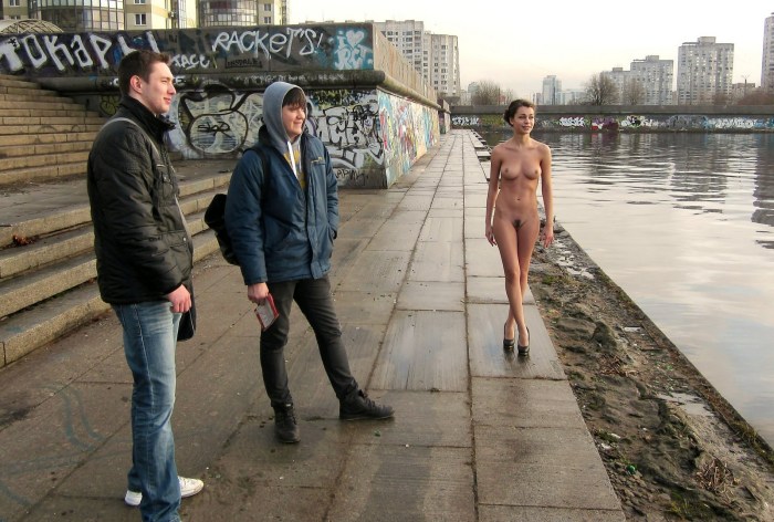 Naked girl at night on the street