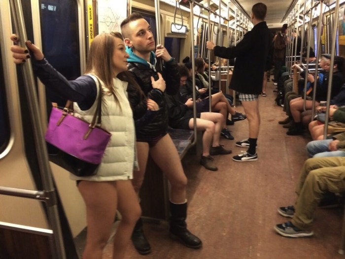 In stockings on the escalator
