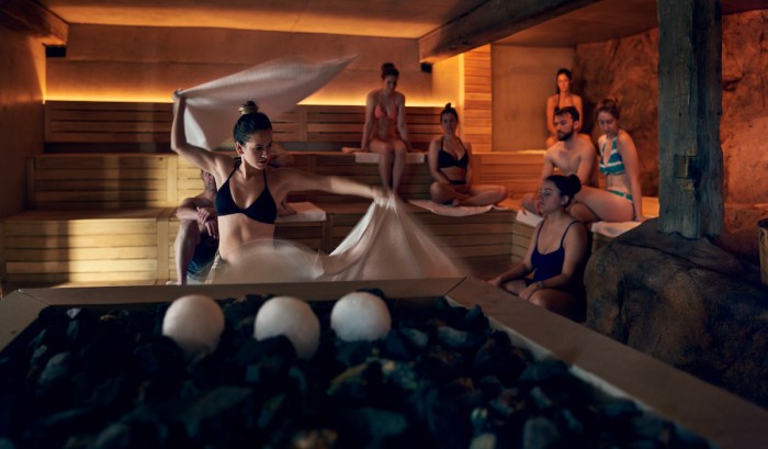 Photo session in a sauna with a pool