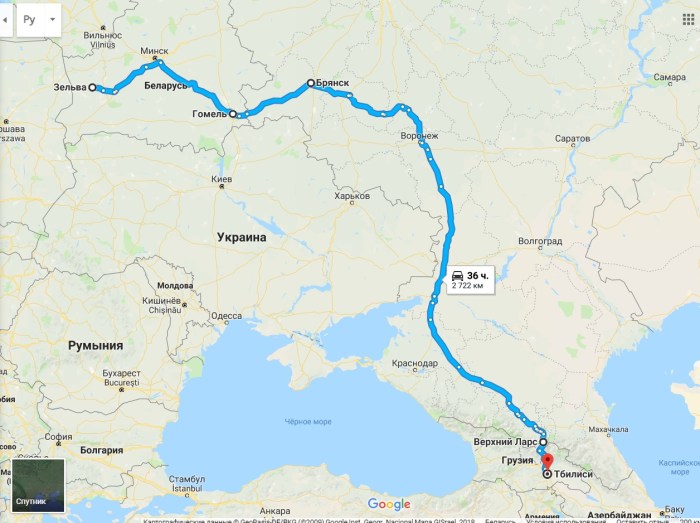 Volgograd Georgia on a car route on the map