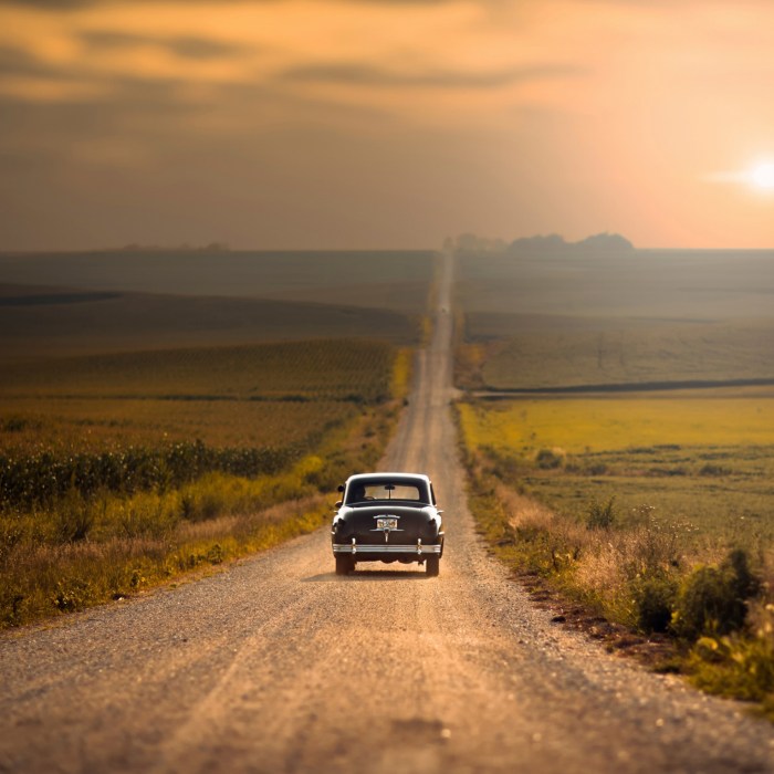 The car leaves for the sunset