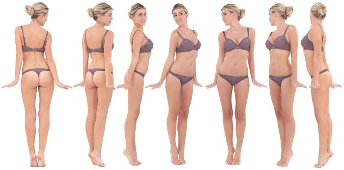 The body of the woman is from the side