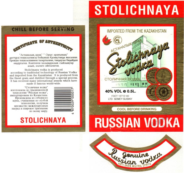 Label on a bottle of vodka metropolitan