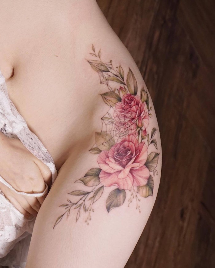 Tender tattoo on the thigh
