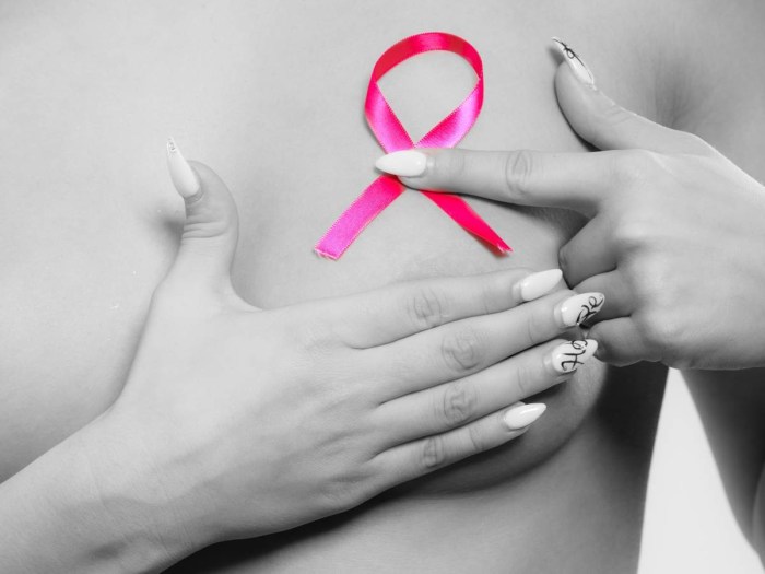 Naked female breasts and hands with a heart