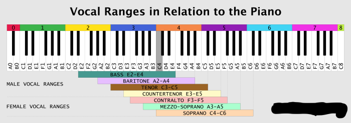 Range of the voice on the piano