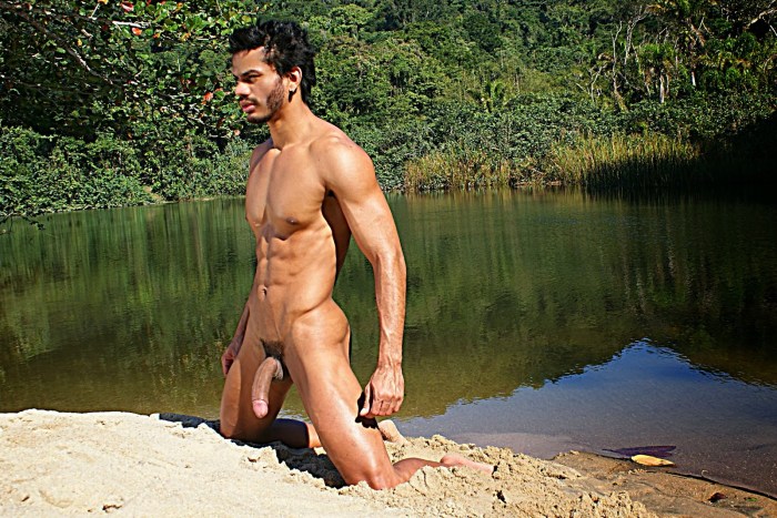 Naked men in the winter forest