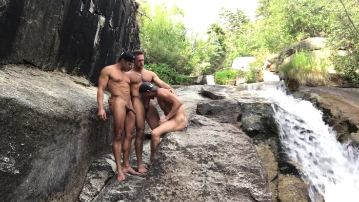 Naked guys pierce in nature