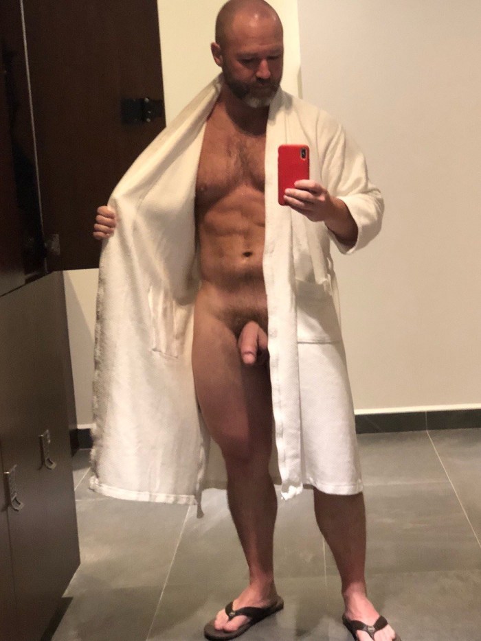 Wife's chest naked in a dressing gown lilac