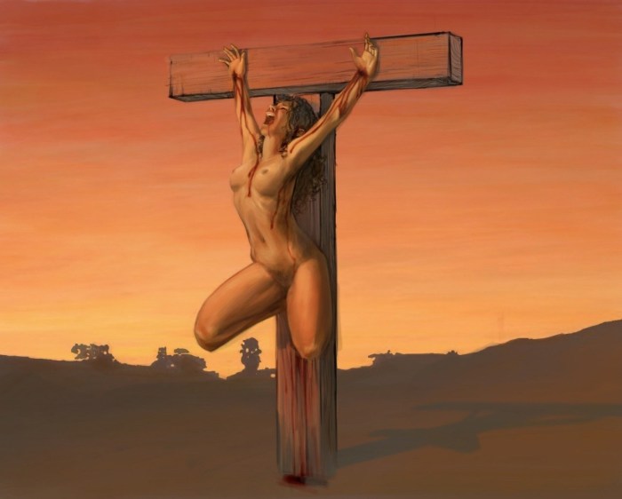 Naked girls on a crucifix cross
