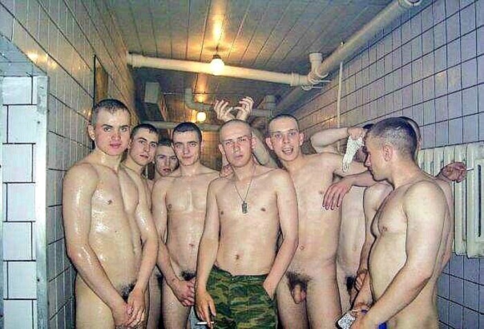 Naked Russian soldiers in the bath