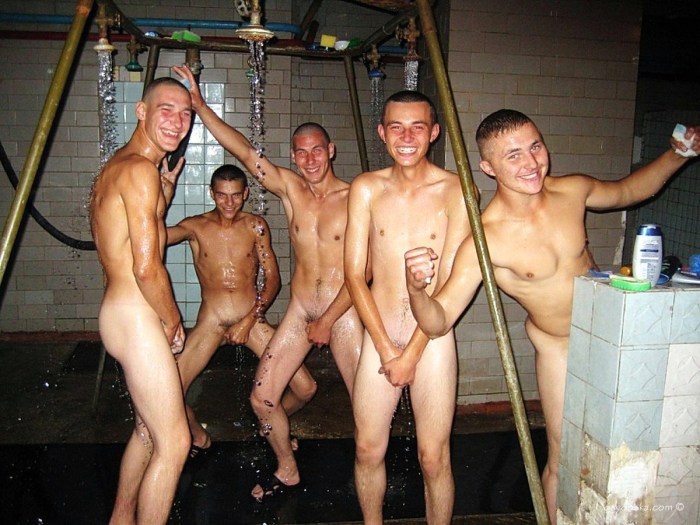 Naked Russian soldiers in the bath