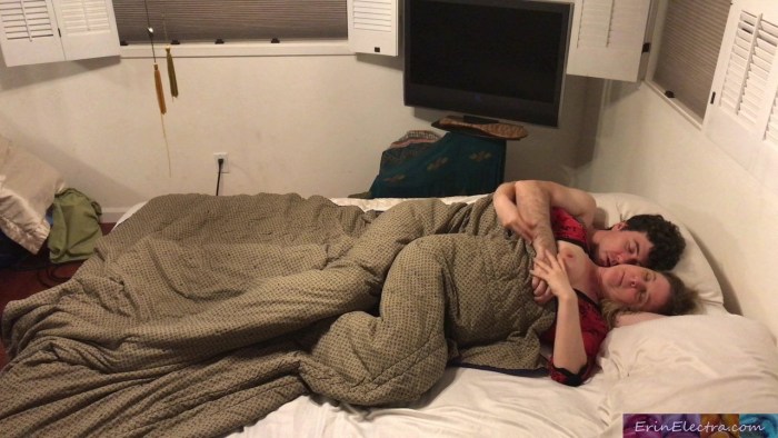 With mom in the same bed in the hotel