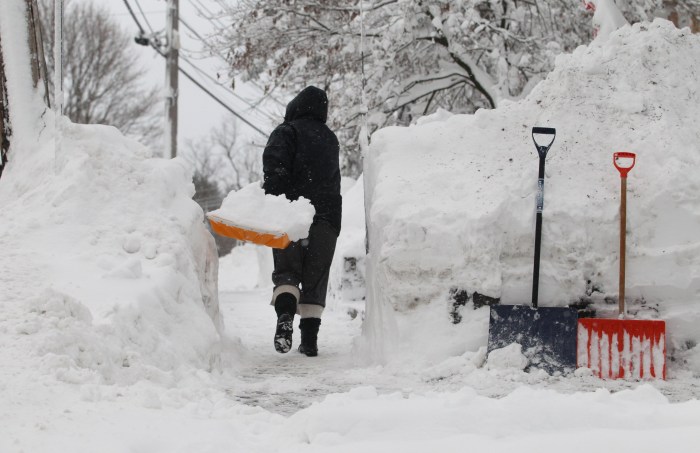 Snow shovels in a snowdrift