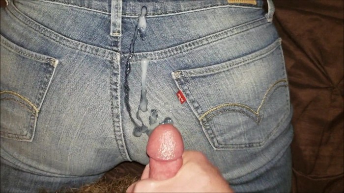 Cums on the jeans of shorts
