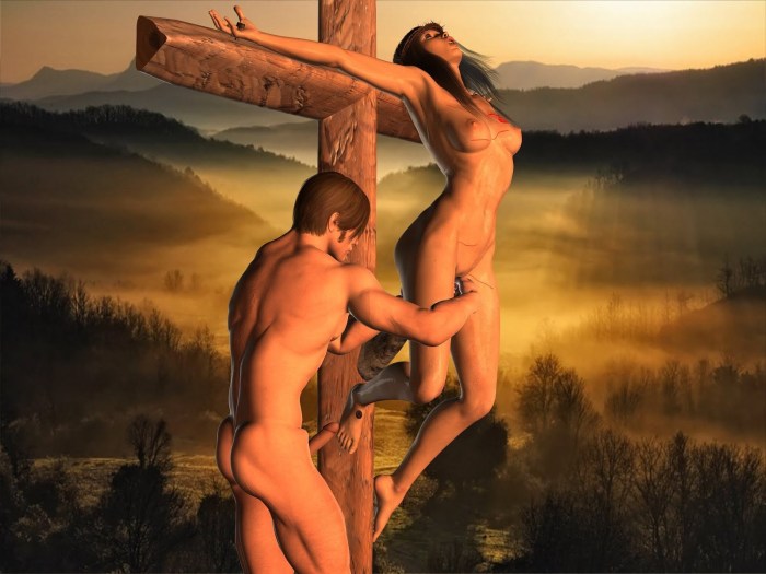 Erotic crucifixion of naked men