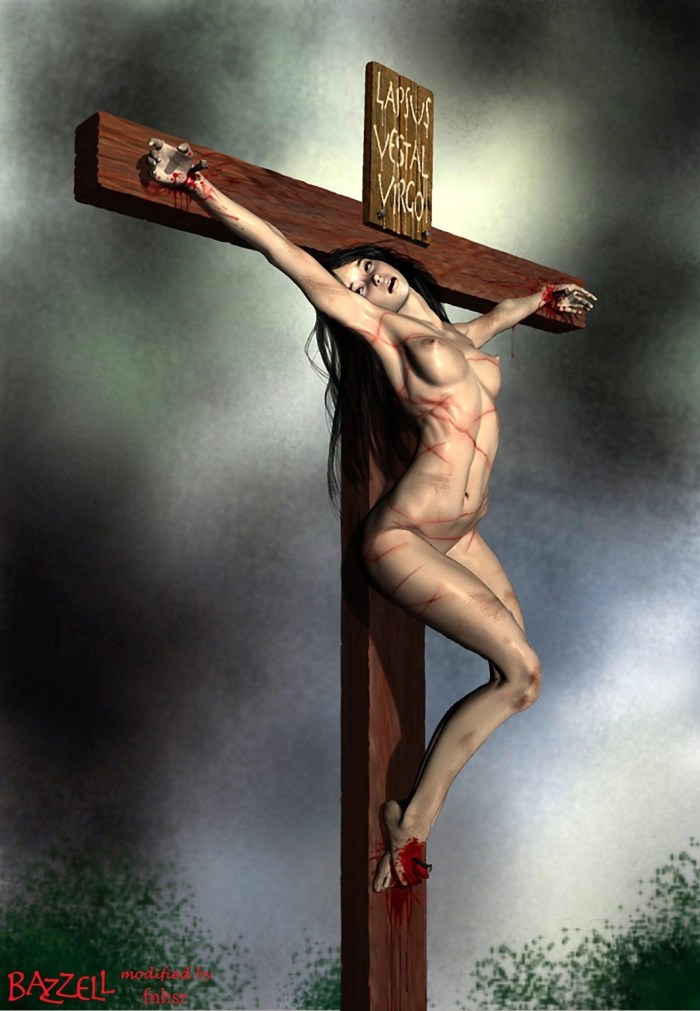 Naked woman crucified on the cross