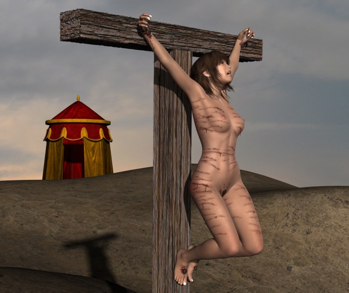 The girl is crucified naked