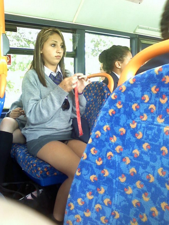 Naked schoolgirl on the bus