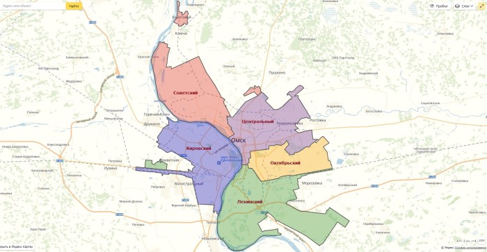 Omsk map with areas of the city