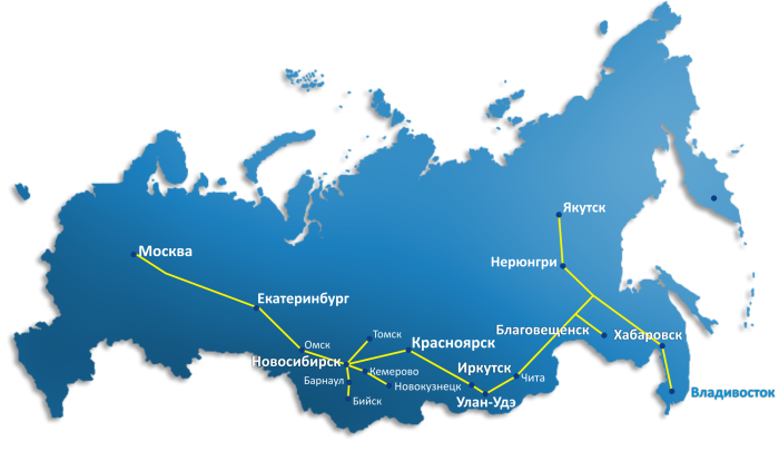 Irkutsk and Novosibirsk on the map of Russia