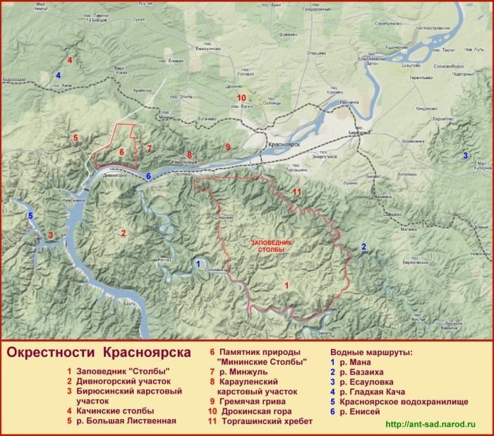 Krasnoyarsk pillars on the map of Russia