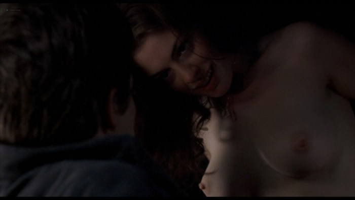 Anne Hathaway on a bed without panties, porn