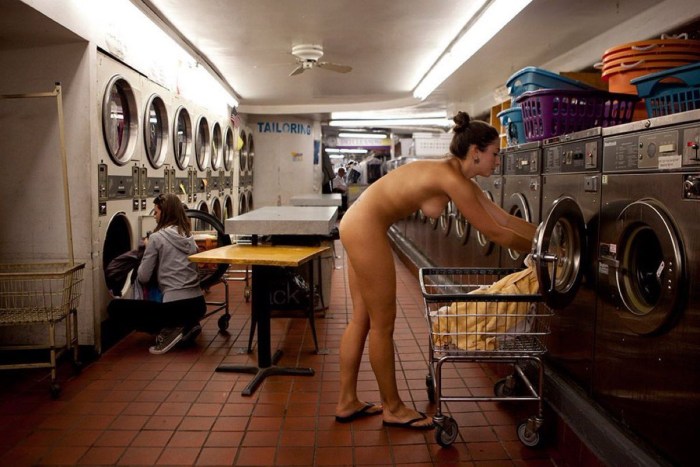 Naked women hanging underwear