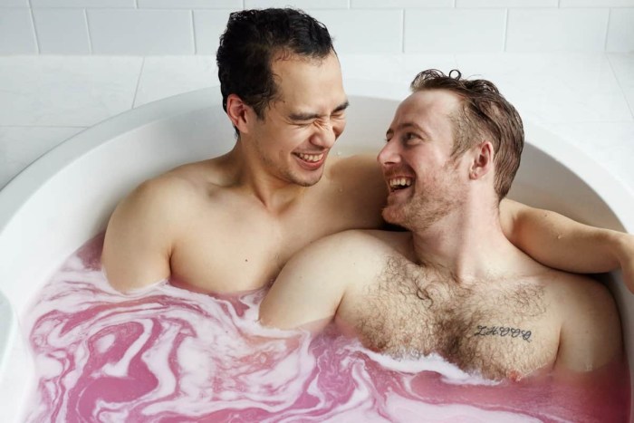 A guy with a girl in a bath