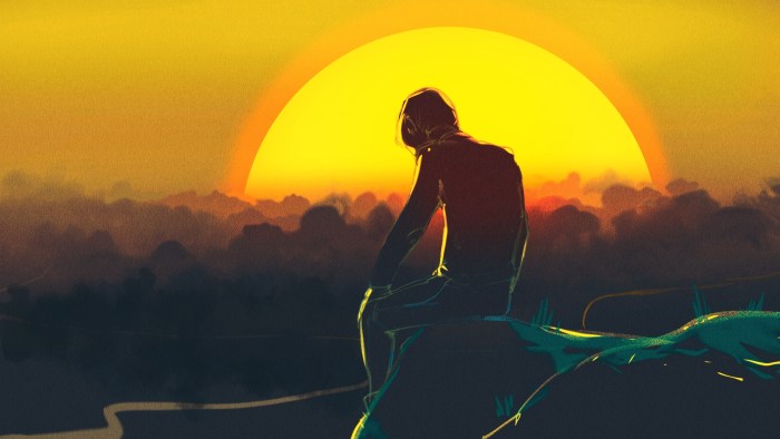 Art guy on the background of sunset