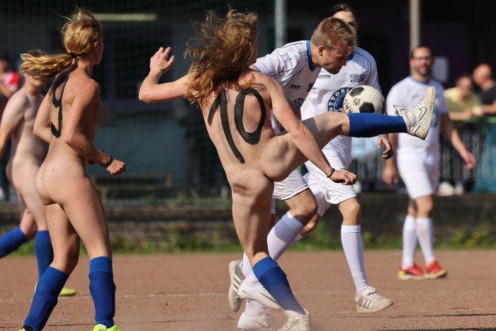 Naked in football uniforms