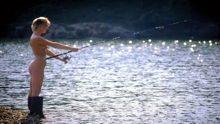 Naked brunettes fishing