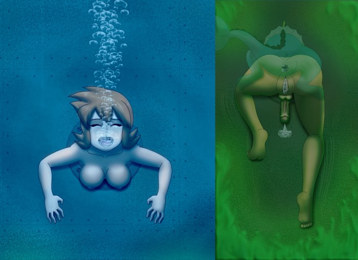 Naked with scuba dummy underwater