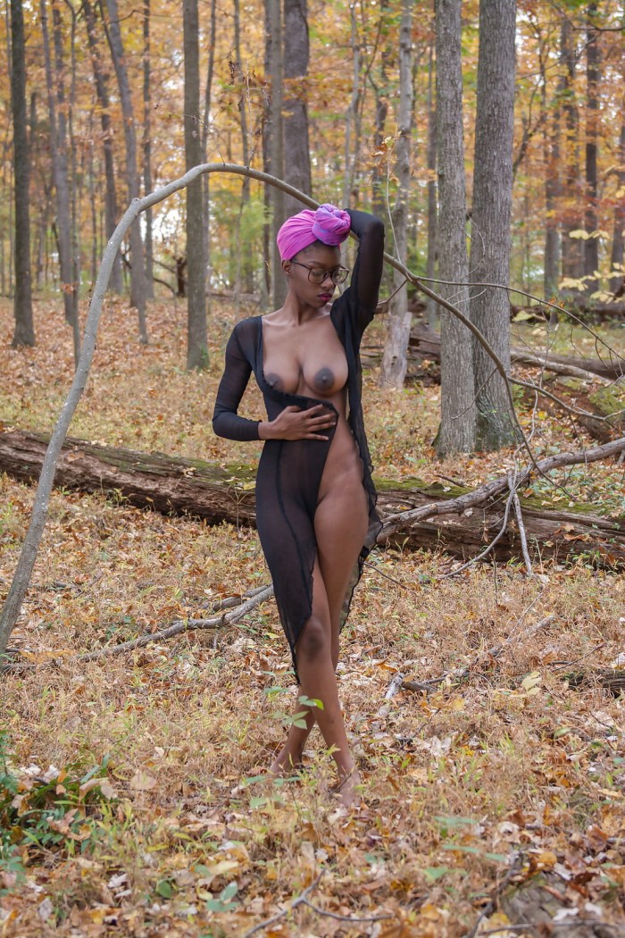 Mature nipple in the forest undresses