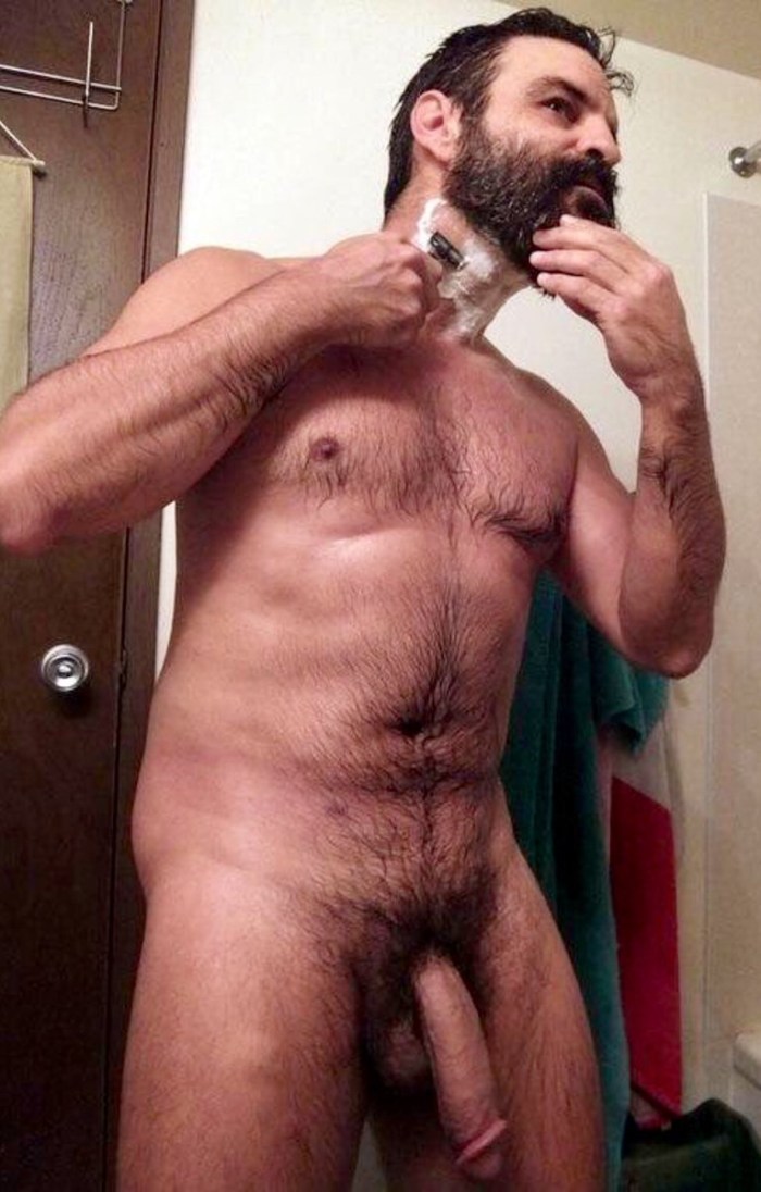 The bearded guy was finished in his mouth
