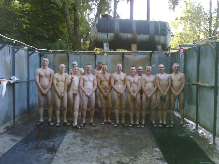 Naked soldiers march