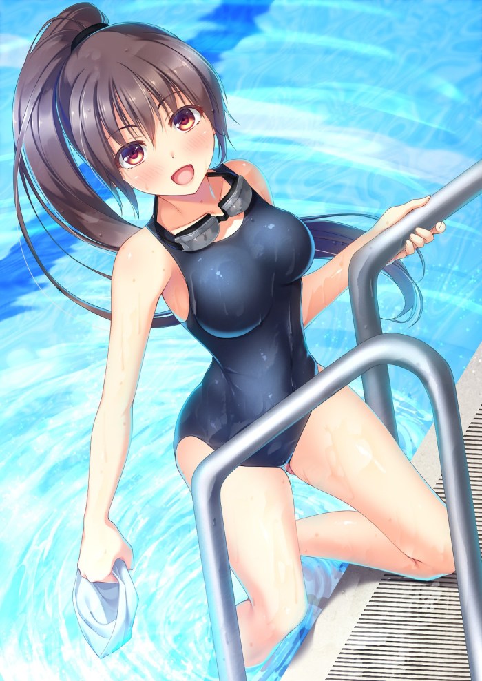 Naked Japanese in a wet swimsuit