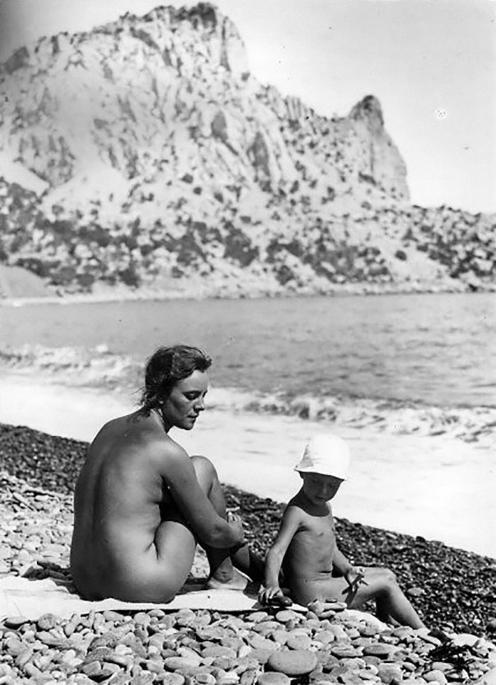 Naked women on the beach retro