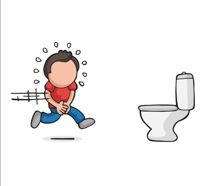 The man runs to the toilet